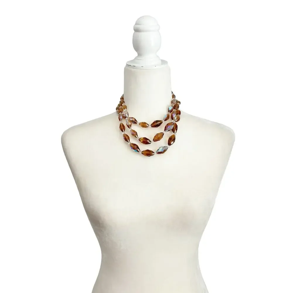 Vintage 1950s AB Crystal Triple Strand Necklace Amber Smokey Topaz Gold - Picture 2 of 12